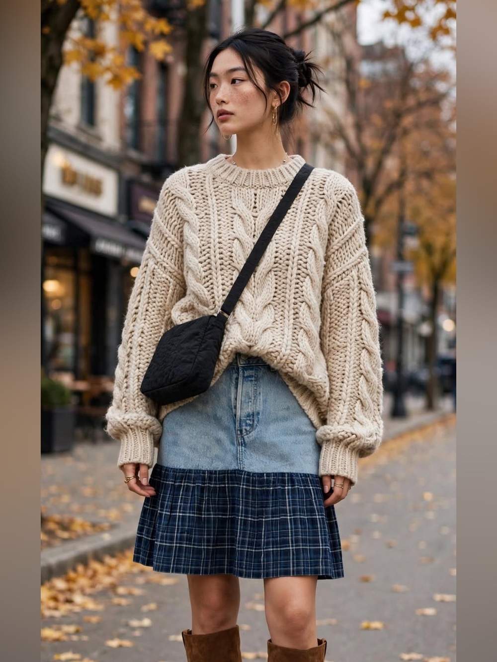 Denim and Navy Plaid Mini Skirt